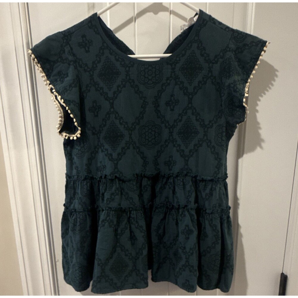 THML Womens S Green Floral Lace Peplum Top Short Sleeve Crew Neck Beaded